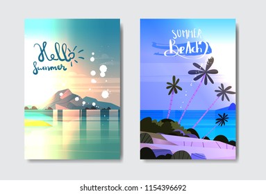 set day night sunset landscape tropical beach badge design label. summer vacation lettering for logo, templates, invitation, greeting card, prints and posters. vector illustration