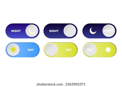 Set von Tag und Nacht Switch Toggle-Tasten mit Sonne und Mond Piktogramme auf gelbem und blauem Hintergrund. AM- und PM-Schieberegler für die Benutzeroberfläche. 