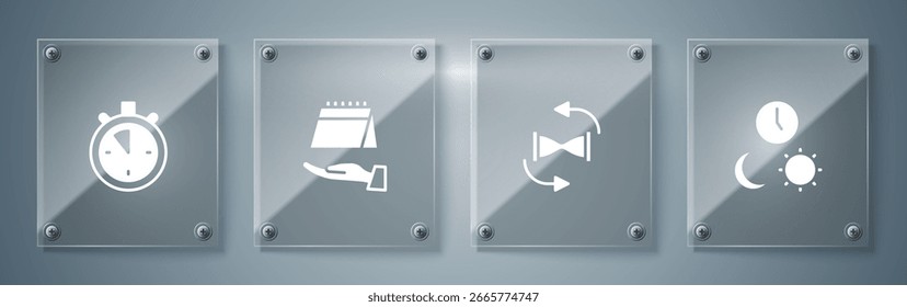 Fije el día y la noche con el tiempo, la arena vieja del reloj de arena, el calendario y el cronómetro. Paneles de vidrio cuadrados. Vector