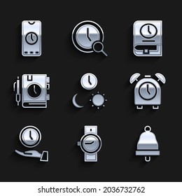 Set Day and night with time, Wrist watch, Ringing bell, Alarm clock, Clock, Daily paper notepad, Time for book and app mobile icon. Vector