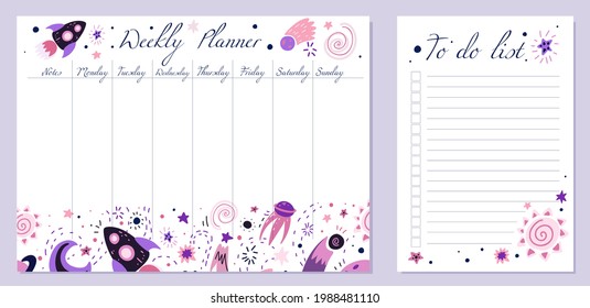 Set of day organization templates with child space element. Weekly planner and to do list. Vector cards with stars, moon, shuttle with decoration. Cosmos setting tasks for the day and for the week