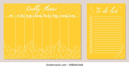 Set of day organization templates with doodle flowers and herbs. Weekly planner and to do list. Vector yellow cards with natural pattern. Setting tasks for the day and for the week