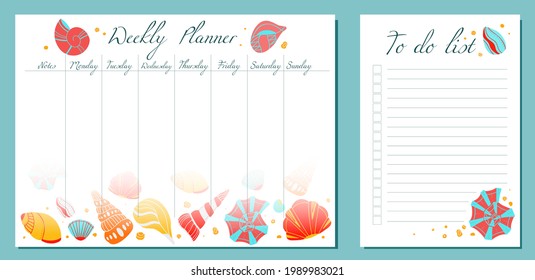 Set of day organization templates with seashells with boho decoration. Weekly planner and to do list. Vector cards with ocean shells pattern. Setting tasks for the day and for the week