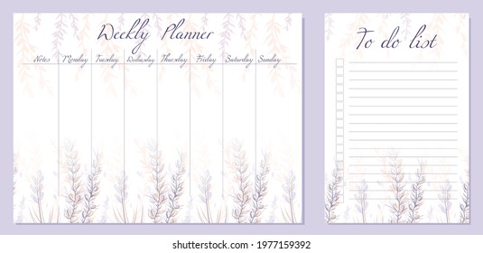 Set of day organization templates with sketch flowers and and herbs. Weekly planner and to do list. Vector cards with natural rustic pattern. Setting tasks for the day and for the week