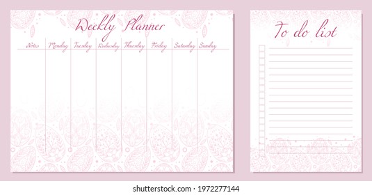 Set of day organization templates with tribal easter egg. Weekly planner and to do list. Outline Festive Easter treat with folk pattern. Holiday setting tasks for the day and for the week