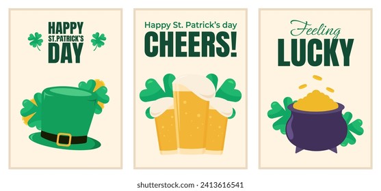 Set of St.Patrick’s day posters, banners, greeting cards. Modern templates with traditional irish elements and lettering. Vector illustrations.