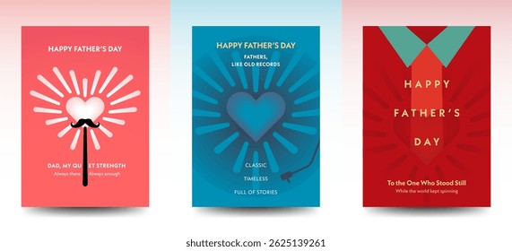 Set of Father’s Day posters with heart, burst, and shirt graphic themes. Perfect for print cards, social media, or campaigns.