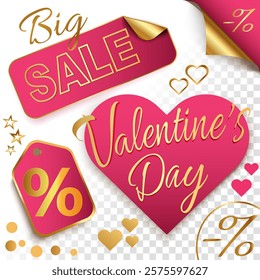 Set of Valentine’s day stickers and vector pink and golden design elements on a white background