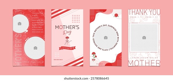 Set of Mother’s Day Story Templates with Carnations and Photos for Social Media Posts.