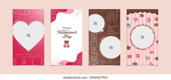 Set of Valentine’s Day Story Templates with Photos for Social Media Posts in Romantic Colors. Open path available. Editable.