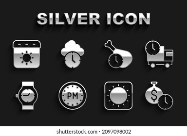 Set Day time, Delivery truck and, Time is money, Sun, Wrist watch, Food, Calendar summer and Clock icon. Vector