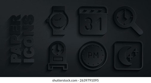 Set Day time, Magnifying glass with clock, Antique, Moon and stars, Calendar and Wrist watch icon. Vector