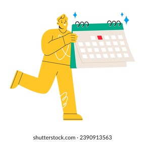 Set a day for vacation. Man holding a calendar. Colorful vector illustration

