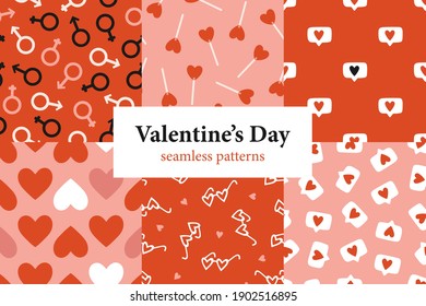 Set of Valentine’s Day vector seamless patterns. Vintage background for Valentine’s Day, romantic holidays, women’s day and wedding design. Poster, print, card, fabric and wrapping paper