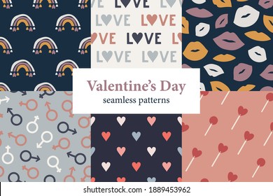Set of Valentine’s Day vector seamlesss patterns. Vintage background for Valentine’s Day, romantic holidays, women’s day and wedding design. Poster, print, card, fabric and wrapping paper