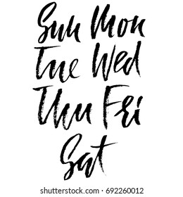 Set of days of a week. Handdrawn lettering. Vector inscriprion. Weekly calendar. Calligraphy illustration.