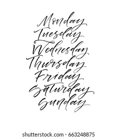 Set the days of the week : Monday, Tuesday, Wednesday, Thursday, Friday, Saturday, Sunday. Ink illustration. Modern brush calligraphy. Isolated on white background.