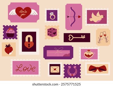 Set of Valentine’s Day-themed elements, including hearts, gifts, rings, and love symbols. Perfect for creating greeting cards, invitations, and romantic designs