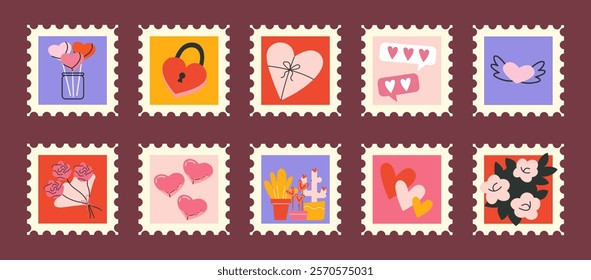 A set of Valentine’s Day-themed postage stamp illustrations in a retro, flat design style. Hand draw stamp features romantic elements like heart balloons, roses, a heart lock, gift-wrapped hearts