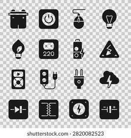 Set DC voltage source, Cloud and lightning, High, Computer mouse, Electrical outlet, Light bulb with leaf, Car battery and Battery charge icon. Vector
