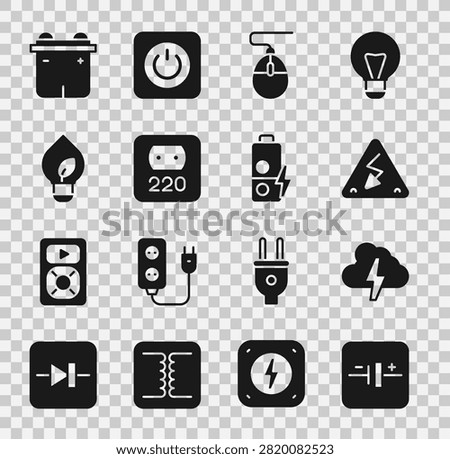Set DC voltage source, Cloud and lightning, High, Computer mouse, Electrical outlet, Light bulb with leaf, Car battery and Battery charge icon. Vector