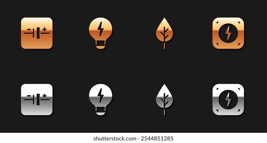 Set DC voltage source, Creative lamp light idea, Leaf Eco symbol and Lightning bolt icon. Vector