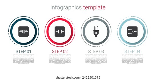 Set DC voltage source, Electrolytic capacitor, Electric plug and Switch in electronic circuit. Business infographic template. Vector