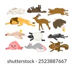 Set of dead animal collection, dying animals cartoon, Corpse of Beast, rabbit, lion, cow, deer, dog, eagle, pig, mouse, sheep, illegal animal hunting, safety danger of wildlife, vector illustration.