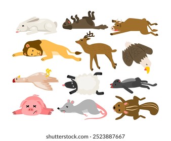 Conjunto de coleção de animais mortos, desenhos animados de animais moribundos, cadáver de besta, coelho, leão, vaca, veado, cão, águia, porco, rato, ovelha, caça ilegal de animais, perigo de segurança da vida selvagem, ilustração vetorial.