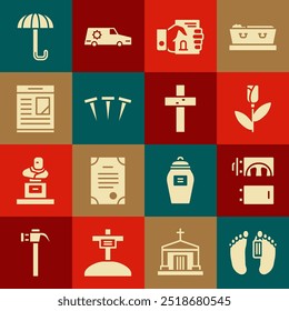Set Dead body, Crematorium, Flower rose, Death certificate in hand, Metallic nails, Obituaries, Umbrella and Christian cross icon. Vector
