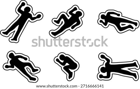 Set of dead body icons, collection of crime scene human silhouettes, group of flat vector symbols, add corpse, victim, murder, death, forensic illustration, black icon