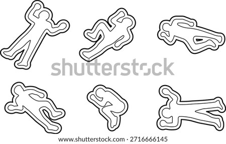 Set of dead body icons, collection of crime scene human silhouettes, group of line vector symbols, add corpse, victim, murder, death, forensic illustration, black icon