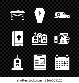 Set Dead Body In The Morgue, Coffin With Cross, Hearse Car, Grave Tombstone, Obituaries, Calendar Death, Holy Bible Book And  Icon. Vector