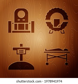 Set Dead body in the morgue, Grave with tombstone, Grave with cross and Memorial wreath on wooden background. Vector