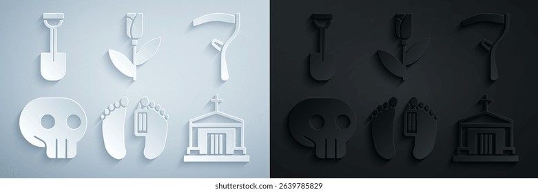 Set Dead body, Scythe, Skull, Old crypt, Flower rose and Shovel icon. Vector