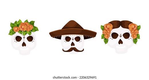 Set Dead day, skulls decorated with traditional flowers, hat, mask Halloween celebration in cartoon style isolated on white background