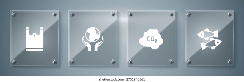 Set Tote Fische, CO2 Emissionen in der Wolke, Hände halten Erde Globus und Plastiktüte. Quadratische Glasplatten. Vektorgrafik