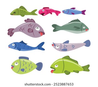 Conjunto de colección de peces muertos, dibujos animados de peces moribundos, cadáver de animales submarinos, peligro de caza ilegal de animales para la seguridad de la vida silvestre, agua envenenada, concepto de contaminación ambiental, Ilustración vectorial