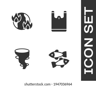Set Dead fish, Global warming fire, Tornado and Plastic bag icon. Vector