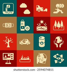 Set Dead fish, Hands holding Earth globe, Forest, Car exhaust, Battery, Medical protective mask, Wastewater and Drought icon. Vector