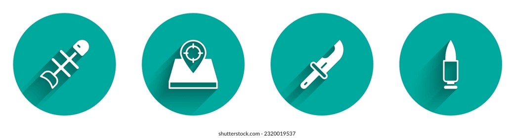 Fijar peces muertos, lugar de caza, cuchillo de caza e icono de bala con sombra larga. Vector
