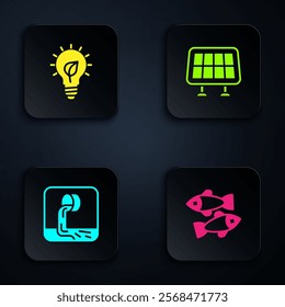 Set Dead fish, Light bulb with leaf, Wastewater and Solar energy panel. Black square button. Vector