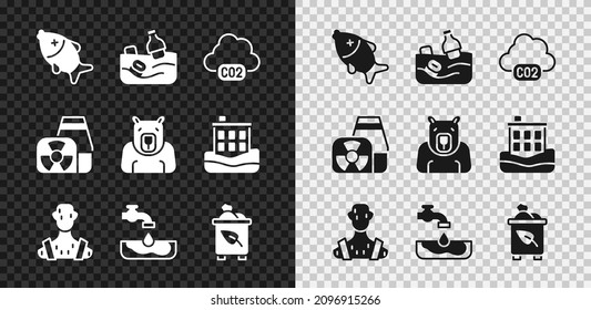 Set Dead fish, Problem pollution of the ocean, CO2 emissions in cloud, High human body temperature, Water problem, Recycle bin with recycle, Nuclear power plant and Polar bear head icon. Vector