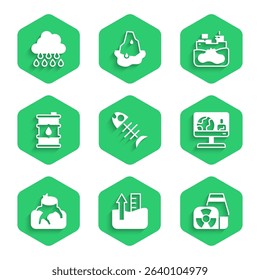 Set Dead fish, Rise in water level, Nuclear power plant, Weather forecast, Deforestation, Barrel oil, Wrecked tanker ship and Cloud with rain icon. Vector