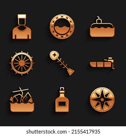 Set Dead Fish, Rum Bottle, Wind Rose, Inflatable Boat With Motor, Sinking Cruise Ship, Ship Steering Wheel, Submarine And Sailor Captain Icon. Vector