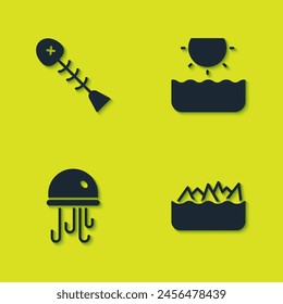 Set Dead fish, Sharp stone reefs, Jellyfish and Sun icon. Vector