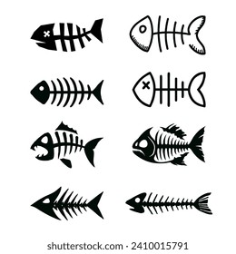 Set of dead fish silhouettes. Fish skeleton