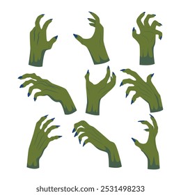 Set of dead hands collection, halloween zombie hands cartoon,  hands of undead zombie skeleton,  Zombie hands on evil cemetery, scary green bones and fingers of undead corpse on creepy graveyard