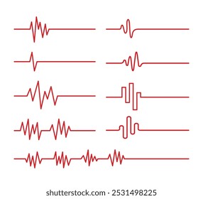 Conjunto de colección de latidos del corazón muertos, fin de la vida, línea muerta latidos del corazón, líneas continuas dibujo de muerte del corazón. Pulso ondulatorio. Patrón de parada de arte, símbolo de gráfico de cardio, golpear muerto sobre fondo blanco.