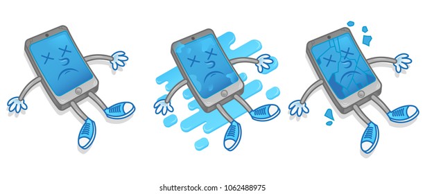 Set dead icons grey smartphone phones gadget tablet with different problem need repair mobile help service. Broken wet screen not work protection Modern vector illustration flat design technology.